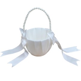 HE ANDI Elegant Wedding Flower Girl Basket with Pearl Handle, White Satin Bow, 13cm x 22cm (2)