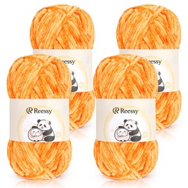 Reessy Chenille Yarn, 4 × 100g Super Soft Thick Wool Set, Chunky Yarn for Crocheting, Easy to Use for Beginners Crcochet Blanket, Handbag, DIY Amigurumi(Orange)