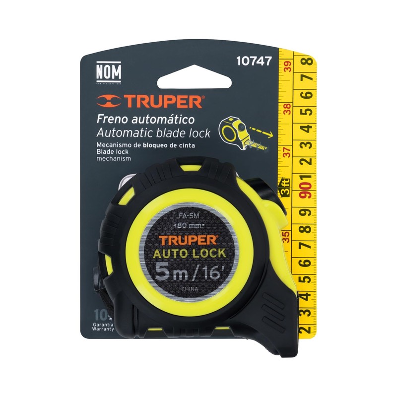 Truper FA-5M, Flexómetro Auto-Lock contra impactos 5 m cinta 19