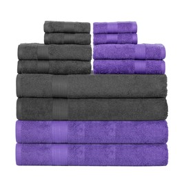 Ample Decor Set of 12 600 GSM 100% Cotton - 4 Bath Towels, 4 Hand Towels, 4 Wash Cloths, Absorbent Soft Premium Quality Machine Washable, Oeko Tex Certified Ideal for Gifting - Grey - Purple