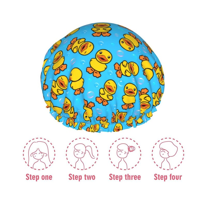 Yellow Rubber Duck Shower Cap For Women Adjustable Double Waterproof