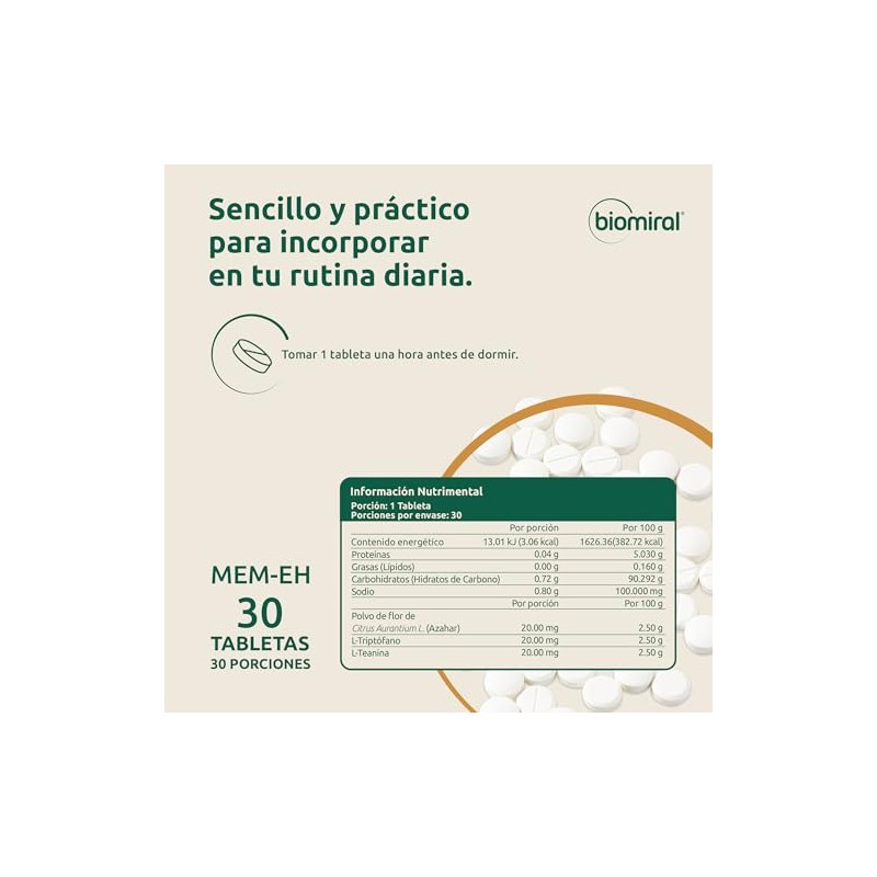 Biomiral Mem-Eh L-Teanina y L-Triptofano, 30 Tabletas