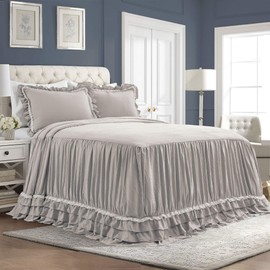 Lush Decor Ella Shabby Chic Ruffle Lace Bedspread Light Gray Farmhouse Style Lightweight 3 Piece Set Queen
