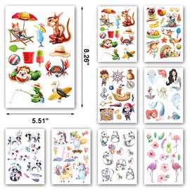 Kotbs 8 Sheets Temporary Tattoos Cartoon Mermaid Pirate Raccoon Unicorn Body Tattoos Waterproof Temporary Tattoo Sticker for Kids Girls Women Tattoos Body Art Fake Tatoo