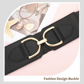 WHIPPY Straw Elastic Waist Belt for Women, Wide Sretchy Woven Belt for Dress Braided Boho Ladies Belt with Gold Buckle Black XL