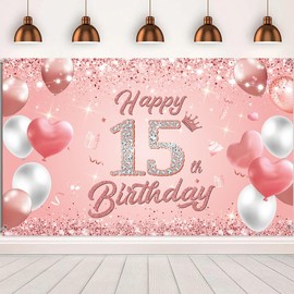 Happy 15th Birthday Banner Rose Gold 1.1 x 1.8m Happy Birthday Banner Backdrop 15th birthday decorations for Girls Women, 15 Years Old Anniversary Party Supplies