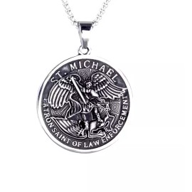 Fashion Jewelry Big ST MICHAEL ARCHANGEL PROTECT ANGEL BLESS Pendant GERMAN Silver 24" Necklace
