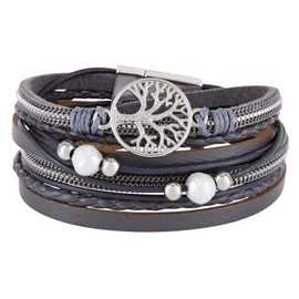 StarAppeal Women’s Wrap Bracelet with Pearls, Chains, Braided Element, Tree of Life Charm and Silver Magnetic Clasp, Silver