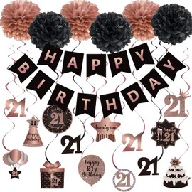 Szhuiher Happy 21st Birthday Hanging Swirls Streamers Decoration, Happy Birthday Banner with Tissue Pompoms, Rose Gold and Black 21 Years Old Birthday Party Hanging Backdrop Decorations