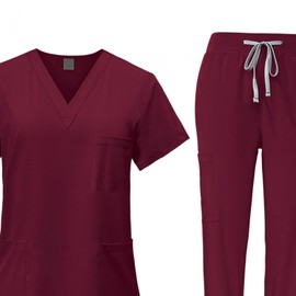 YIJU Female Scrub Set Nurse Workwear V Neckline Professional Machine Washable Top and Joggers Pant Work Clothing for Beauty Center, Red, XL