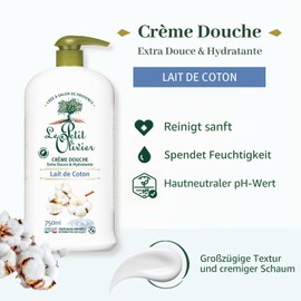 LE PETIT OLIVIER - Shower Cream, Extra Soft & Moisturising Cotton Milk for the Whole Family, pH Neutral, for Skin, Soap Free, No Dyes, Made in France, 750 ml