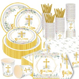 Baptism Party Supplies, 101PCS 9in 7in God Bless Party Plates Napkins Cups Straws Tablecloth Baptism Party Tableware for 20 Guests Baptism Party Decorations