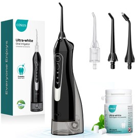 COSLUS Water Flosser Pick with 30pcs Whitening Mint Flavor Refill Combo for Teeth, Braces, Gums Care - Easy to Use, Portable for Coffee Lovers & Travel, Rechargeable, BPA-Free, Black, W40(F5020E)
