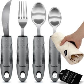 BUNMO Adaptive Utensils for Elderly, Arthritis, Weak Hand Grip, Tremors & Handicapped - Convenient Travel Pouch - 2.6oz Lightweight - Stainless Steel - Eat Independently - Adaptive Gray 4 Piece Set