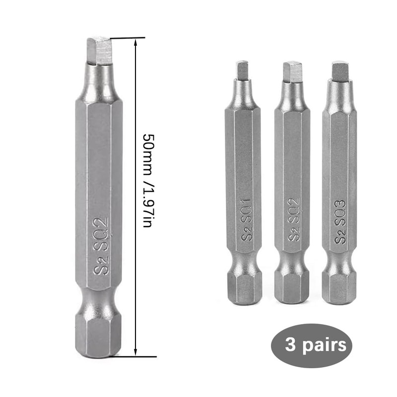 50mm Magnetic Square Head Screwdriver Bits with 1/4 Inch Hex