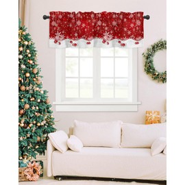 Christmas Window Valance Winter Snowflakes Window Treatment Merry Christmas Ball Ornaments Rod Pocket Curtain Valance,42x18 inch Xmas Snowflake Sparkle Red Kitchen Valance for Bathroom Cafe