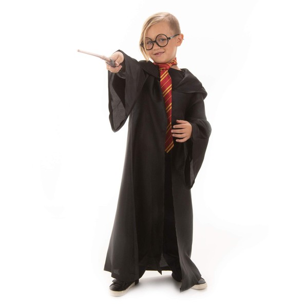 Wonderful Wizard Complete Costume Kit for Kids – Cool Halloween Cosplay Costume & Accessories for Children – Pretend Play for Boys & Girls – Black Robe with Hood, Striped Necktie, Magic Wand, Glasses