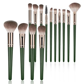 Cepillos de maquillaje, 14 juegos de cepillo de maquillaje para PC con 2 batiadoras de belleza, Set de cepillo de maquillaje de viaje para maquillaje de base, corrector de ojos, rubor y cepillo de sombras de ojos (verde)