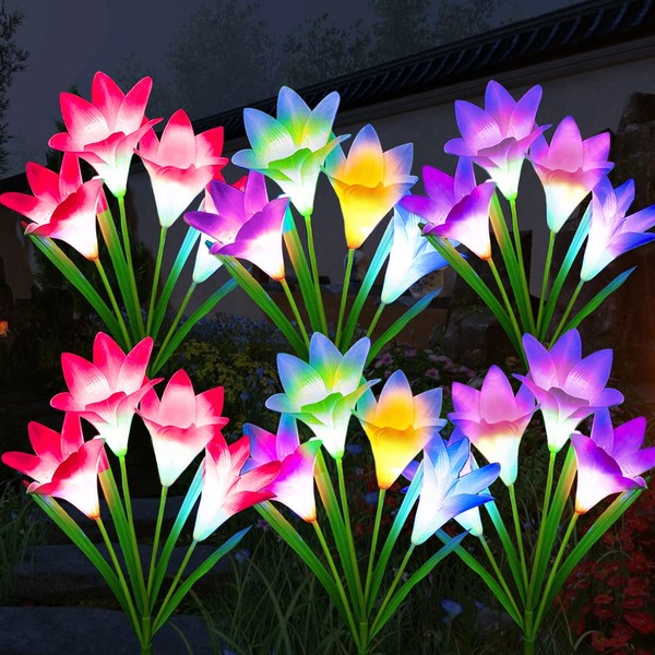 ZYLiWoo-Solar Flower Lights, 6 Pack Outdoor Lily Flower Lights, Multi Color Changing LED 24 Flowers Lily Flower Solar Garden Stakes Flower Lights， for Patio, Lawn, Garden, Yard Decoration