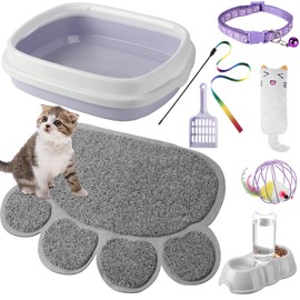 7 Pcs Small Cat Kitten Starter Kit Cat Litter Box with Shovel Cat Paw Litter Mat Double Automatic Cat Bowls Cat Toy Teaser Stick Cat Collar Essentials Kits for 1-3 Lbs Beginner (Purple,Stylish)