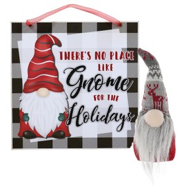 Charmed By Dragons Gnome Christmas Sign with Plush Fabric Gnome - Mantle Hearth Windowsill Tiered Tray Decorations - Home Decor Set (No Place Like Gnome - Gnomes)