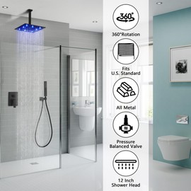 SKOWLL Matte Black Shower Faucet Set Rainfall Shower Head LED Shower Faucet Overhead Shower System Shower Head and Handle Set Ceiling Mount 12 Inch Shower Head with 2 Function Shower Valve Kit