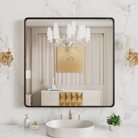 LOAAO 38x38 Inch Black Metal Framed Bathroom Mirror for Wall, Matte Black Bathroom Vanity Mirror Farmhouse, Large Rounded Rectangle Mirror, Anti-Rust, Tempered Glass, Hangs Horizontally or Vertically