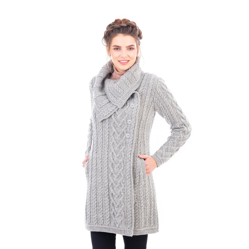 SAOL 100% Irish Merino Wool Women Classic Cable Coat (Grey,