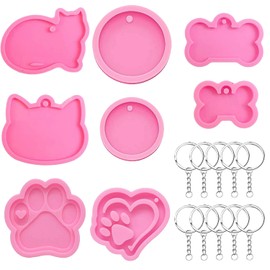 8 Piezas Molde de Resina de Silicona y 10 Llaveros, Moldes de Silicona con Forma de Hueso de Perro para Identificación de Perro, Molde de Resina con Forma de Pata de Hueso Gato, (polvo-8PCS)