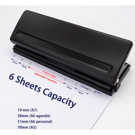 All Metal Adjustable 6-Hole Paper Puncher, A5 A6 A7 6 Ring Punch with Positioning Mark, 6 Sheet Capacities Puncher for Dairy Planner, Personal, Agenda, Binder Refill Pages