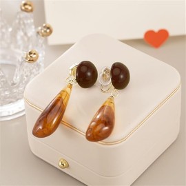 Vintage Teardrop Round Disc Clip On Earrings for Women Girls Non Piereced Ear Hypoallergenic Resin Waterdrop Fake Dangling Lightweight Fashion (Brown, One Size)