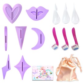 Munyee Hua Intimate Pube Hair Trimmer Set for Women with 7 Shapes, 3 Handy Razors, a Silk Storage Bag - Easy Operate Bikini Grooming Tool,Pubic Care Removal Scissors Accessories (7 pcs model set)