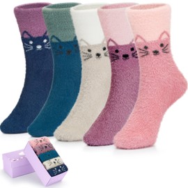 ICEIVY Womens Fuzzy Socks Thick Soft Warm Winter Fluffy Cozy Cabin 5 Packs Casual Home Sleep Socks with Gifts Box (US, Numeric, 5, 9, Regular, Regular, Multicolor-Cat Head)