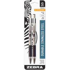 Zebra Pen G-301 Retractable Gel Ink Pen, Stainless Steel Barrel, Medium Point, 0.7mm, Black Ink, 2-Pack