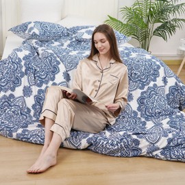 PHF Ultra Soft Paisley Duvet Cover California King Size, Printed Bedding Set 3 Pieces, Comfy Farmhouse Pattern Duvet Cover Set with 2 Pillow Shams, Zipper Closure and 8 Ties, 104"x98",Royal Blue&White