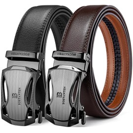 BOSTANTEN Men's Ratchet Dress Belts 2 Packs, Genuine Leather Belts for Men with Click Sliding Bunkle