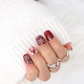 Dreamyn Short Square Press on Nails Snowflake Glossy Fake Nail Elk Red False Nail Acrylic Full Cover Nail Accessory Christmas Fake Nail for Women and Girls 24Pcs