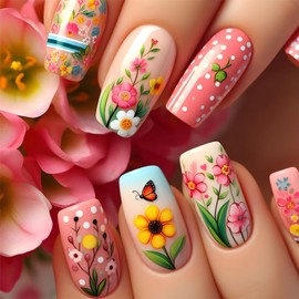 Cute Butterfly Press on Nails Colorful Flower False Nails Medium Coffin Nail Fake Nails Full Cover Glossy Acrylic Nails Artificial Stick on Nails for Women