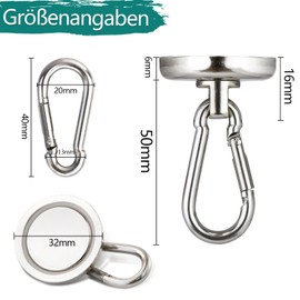 MAGXCENE Pack of 8 Magnetic Hooks, Extra Strong, Load up to 30 kg, 360° Rotatable Magnetic Hooks, 36 mm Neodymium Magnets with Hooks, Magnetic Hooks, Very Strong Magnetic Hook for Kitchen, Camping,