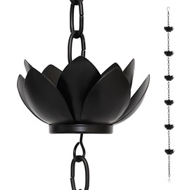Frestique Lotus Rain Chain Extension - 4.6 ft, 6 Matte Black Lotus Cups, Hanging Hook & Acrylic Pendant - Compatible with Rain Chains for Gutters