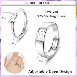 Kakonia Sterling Silver Ring For Couples Promise Butterfly Couple Rings For Teen Girls Engagement Adjustable Men's Rings For Women Friendship Matching Rings For Couples Rings Girls Mens Womens