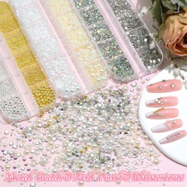 RODAKY 3 Boxes Nail Crystal Rhinestones White&Beige Nail Art Pearl Metal Nail Caviar Beads Glitter Glass Rhinestone for Acrylic Nails 3D Nail Decoration Accessories Kit for DIY Craft Embellishment