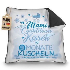 PR Print Royal Baby-News Cushion with Saying - Mami Countdown - Blue, Gift for Pregnancy, Expectant Mother, Baby Shower, Decorative Cushion 40 x 40 cm, Includes Cushion Filling, Black Back