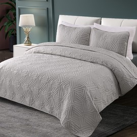 Whale Flotilla Soft Queen Size Quilt Set for All Seasons, 3-Piece Ultrasonic Geometric Quilts Bedding Set, Lightweight Reversible Bedspread, Coverlet, Bed Cover with 2 Pillow Shams, Lightgrey