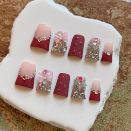 NAIL ANGEL 10PCS/SET Glamorous Handmade Press On Nails Leopard Prints Butterfly Rhinestones French Style Duck Nails Party Nails Duckbill Artifical Tips ZJ18/19/20 (ZJ20, M)