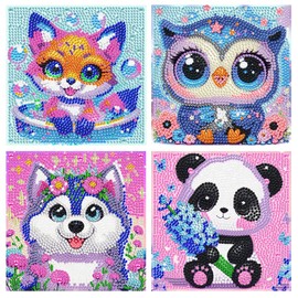 KiKiHong Set of 4 Diamond Painting Children, Diamond Painting Animals Boys Girls Gifts 6 7 8 9 10 11 12 Years for Home Wall Decor (15 x 15 cm)