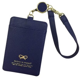 Reelable Initial Name Pass Case, Card Holder, Extendable, Reel, ID Case, Card Case, Card Case, with Strap, Smile, Niko-chan Ribbon Design (Navy [Fabric Design (same material fabric as the main body)])