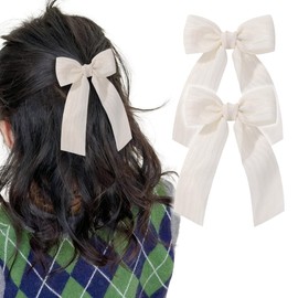 GFun Hair Clip, Hair Ribbon, For Kids, Girls, Hair Accessories, Large, Thick, Weddings, Invitations, Recitals, Kindergarten Entrance Ceremonies, Cheer, Sports Events, Striped, Chiffon, Set of 2, White