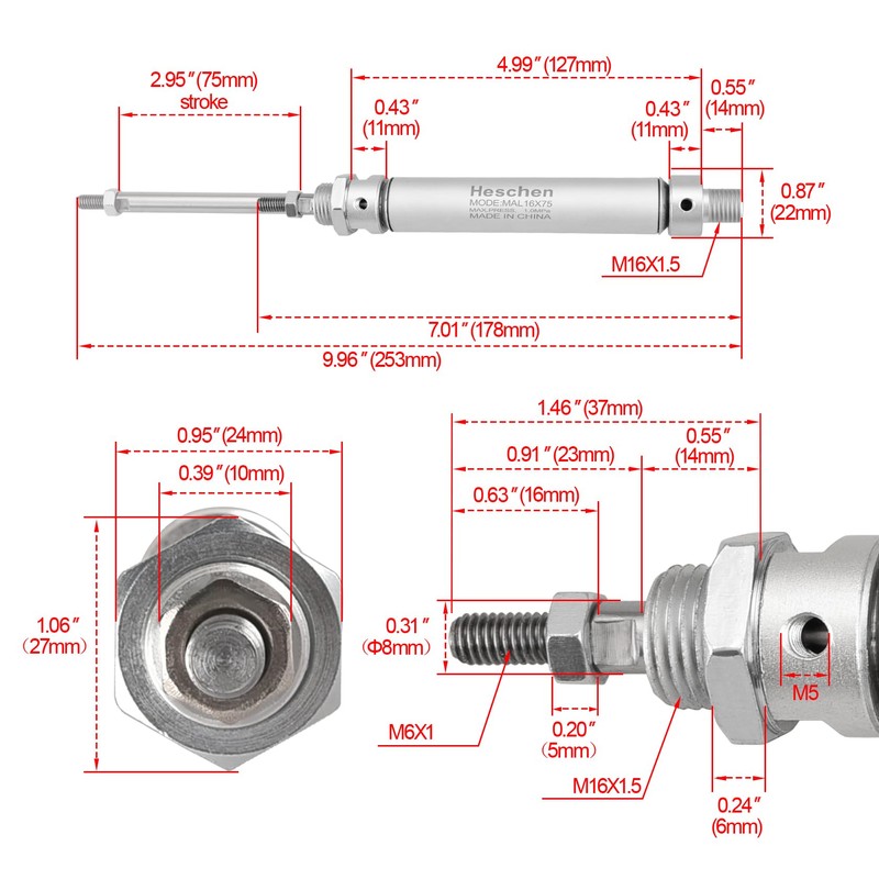 Heschen Pneumatic Slim Air Cylinder MAL 16-75 M5 Port 16mm