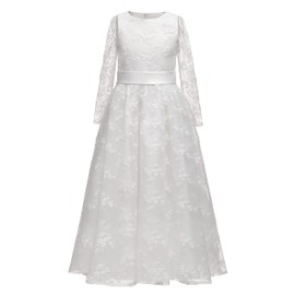 A line Wedding Pageant Lace Flower Girl Dress with Belt 2-12 Year Old (Size 6, White Long Sleeves)